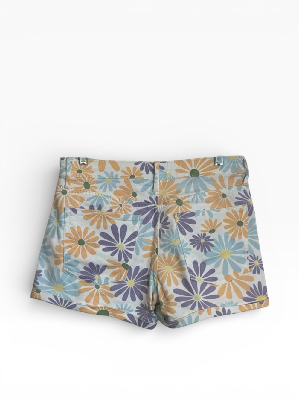 No Boundaries Floral Daisy Jean Shorts in Light Blue, Yellow & Purple